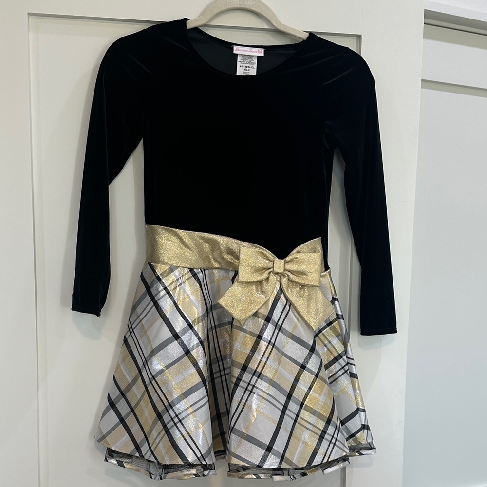Bonnie Jean Black and Gold Plaid Formal Dress